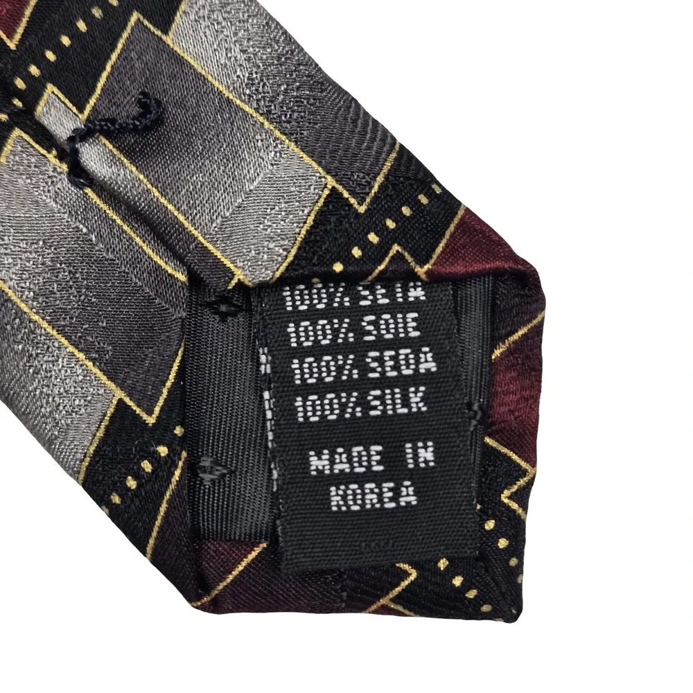 Mosaic Necktie Burgundy Silver Grey Geometric Silk Hand Made Korea Prom Hoco VTG